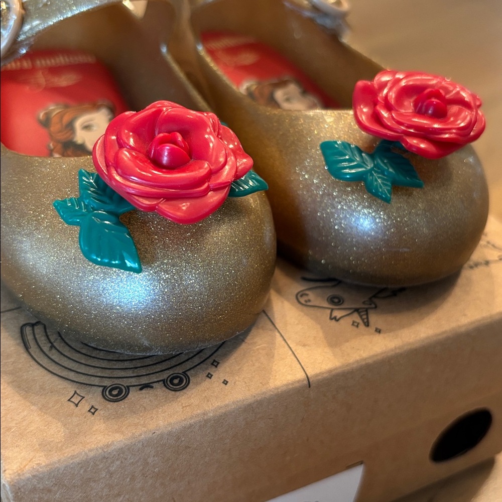 Mini Melissa Gold Belle Dress Shoes with Red Rose Accent - Picture 3 of 9